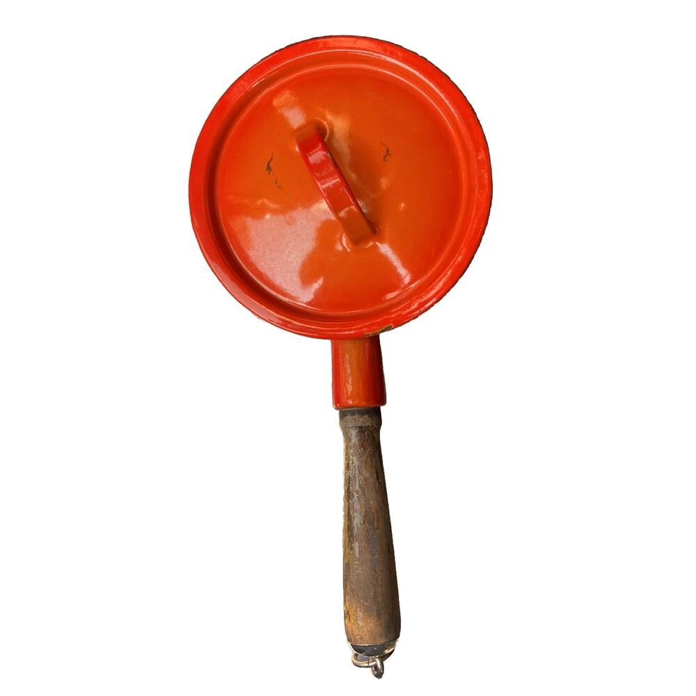 VTG Descoware Sauce Pan Belgium SPCC14 Orange Enamel Cast Iron Wood Handle Lid